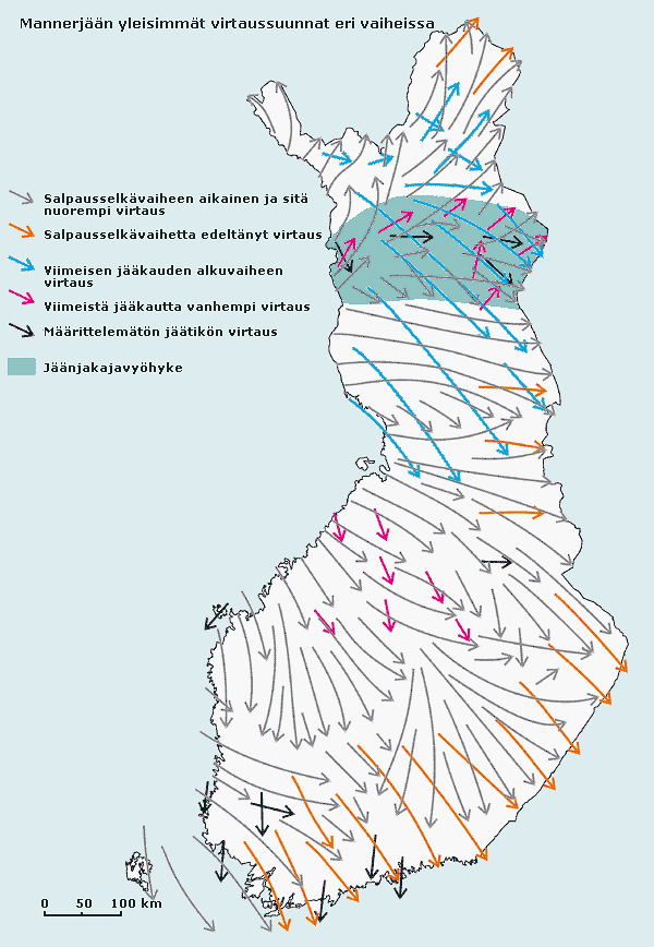 Jäänjakajavyöhyke sekä mannerjään yleisimmät virtaussuunnat eri vaiheissa. Kuva: GTK.