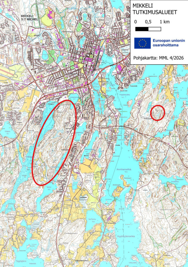 Mikkelin tutkimusalueet kartalla. Kuva: Geologian tutkimuskeskus GTK.